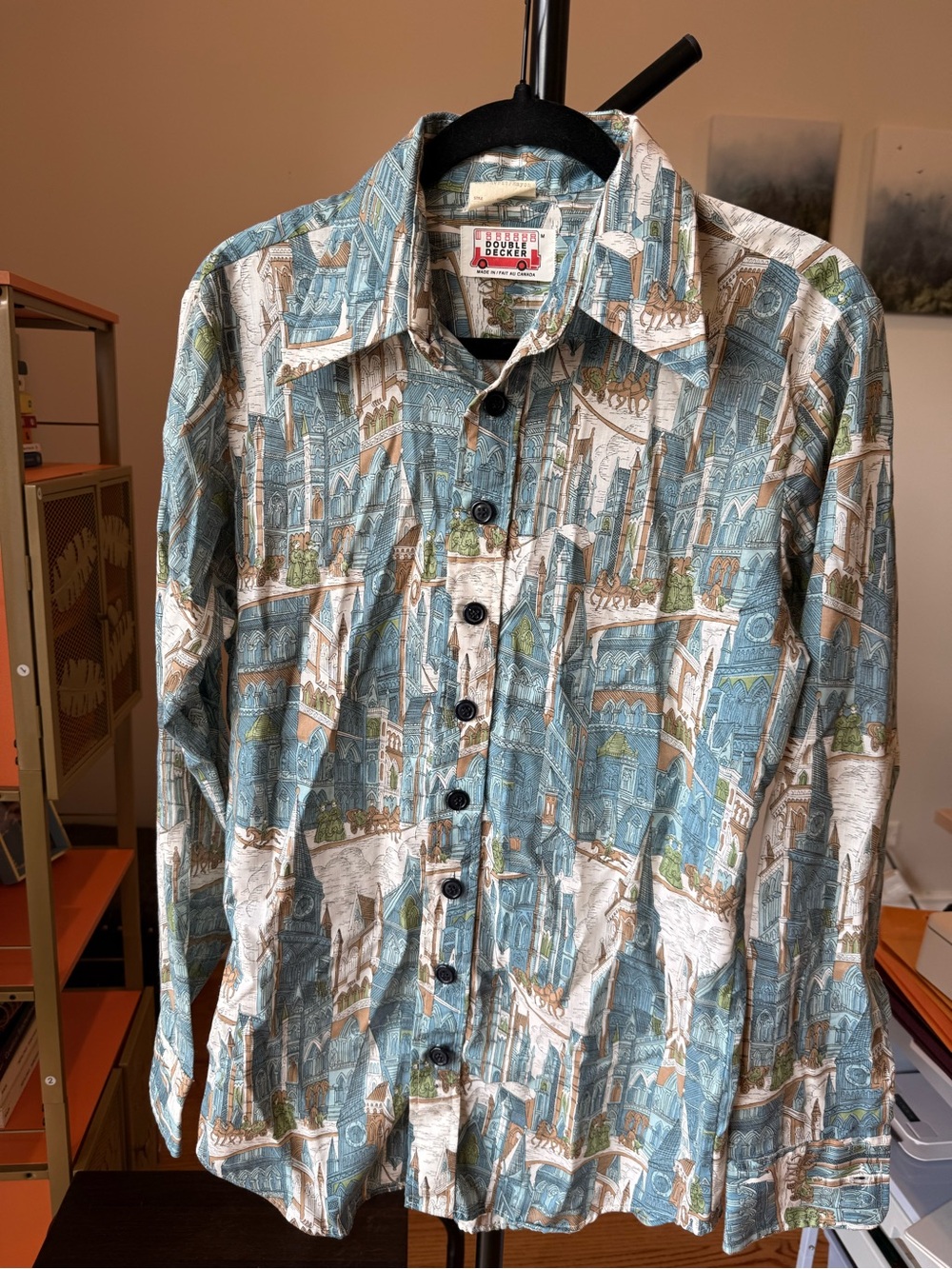 Vintage Blue Victorian Patterned Button-Up Shirt